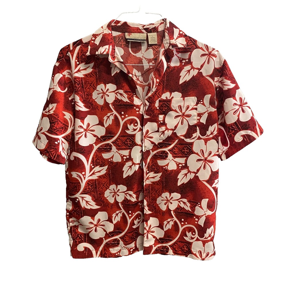 Extreme Gear Men L 44-46 Hawaiian Shirt Red White Hibiscus Polyester